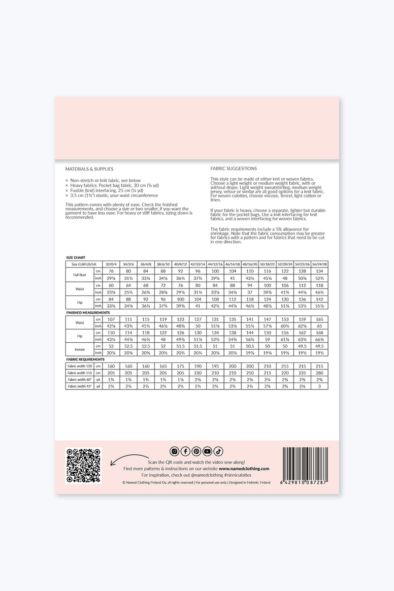 Ninni Elastic Waist Culottes Sewing Pattern | Named Clothing